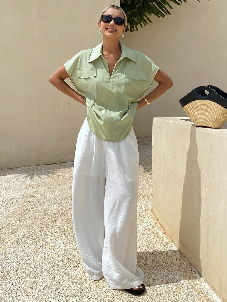 Women Short Sleeve Zip-Up Solid Color Casual Shirt With Pocket, Summer