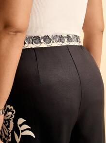 CAJUNI Plus Size Women's Boho Black & White Floral Print Straight Leg Casual Pants, Suitable For Beach/Holiday, Summer & Autumn - Multicolor - View 7