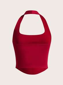 SHEIN ICON Women's Solid Color Red Cut Short Slim Fit Casual Halter Neck Top Easter Ibiza Airport For Summer