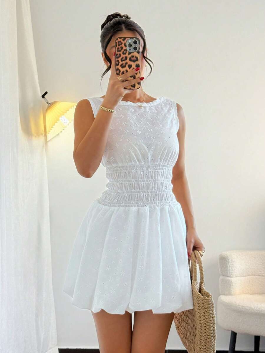 Chiquease Woven Embroidered Sleeveless Open Back Shirred Hem Women's Mini Dress - White - View 1