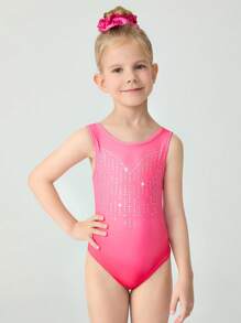 SHEIN Bodysuits senza maniche per giovani ragazze, tuta da ginnastica bodycon con sfumatura tie-dye rosa in polvere, tessuto elastico per danza, ginnastica e attività fisica, decorata con brillanti strass, elegante abbigliamento da campus per l'allenamento - Anguria Rosa - Visualizzare 1