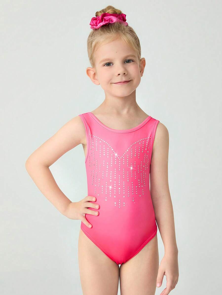 SHEIN Bodysuits senza maniche per giovani ragazze, tuta da ginnastica bodycon con sfumatura tie-dye rosa in polvere, tessuto elastico per danza, ginnastica e attività fisica, decorata con brillanti strass, elegante abbigliamento da campus per l'allenamento - Anguria Rosa - Visualizzare 1