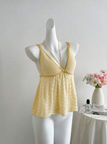 Sweetra Women's Sweet Sleeveless Solid Color Crochet Knit Crop Top, Suitable For Summer & Autumn - Yellow - View 4