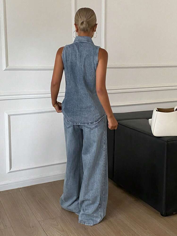 Women Washed Denim Collared Vest And Wide Leg Maxi Pants 2-Piece Set