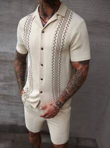 Manfinity CasualCool Conjunto de camisa de manga corta con estampado de verano + pantalones cortos con cordón para hombre