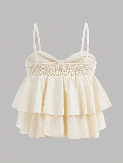 SHEIN Girlism Áo crop top hở vai bèo nhún ngọt ngào cho bé gái tuổi teen, áo không tay cho mùa hè