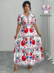 Elenzga Plus Size Women's French Romantic Floral Print Casual Short Sleeve Summer Dress - Multicolor - View 1
