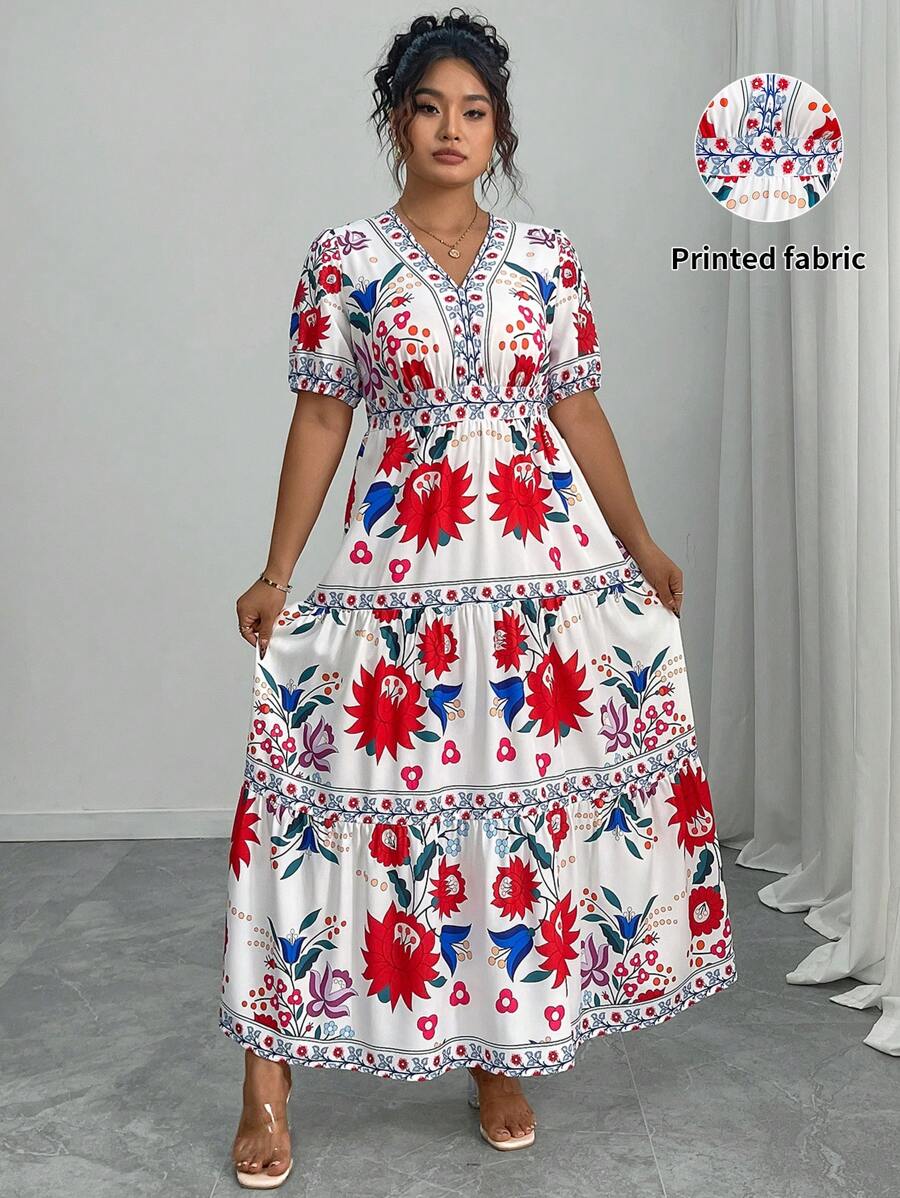 Elenzga Plus Size Women's French Romantic Floral Print Casual Short Sleeve Summer Dress - Multicolor - View 1
