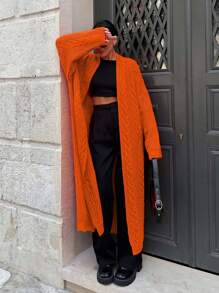 SHEIN Cottnline Cable Knit Drop Shoulder Duster Cardigan - Orange - View 4