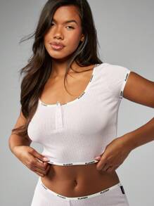 Missguided x Playboy Conjunto de pijama acogedor acanalado con pantalones de pierna campanuda, top corto con cordón, regalos de ropa de dormir