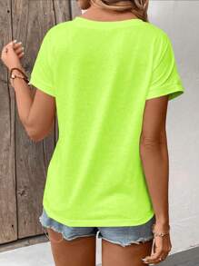 SHEIN LUNE Áo thun nữ cổ chữ V tay ngắn dáng rộng thoải mái mùa hè, màu xanh neon - màu xanh lá - Xem 2