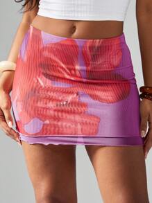 MISSGUIDED 双层迷你裙花卉印花网眼荷叶边下摆节日夏季度假派对俱乐部装沙滩装 - 紫色 - 查看 6