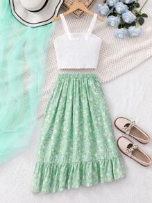 SHEIN 2pcs Tween GirlsCasual Dot Print Strapped Waistband Top And Skirt Set, School, Campus, College - Green - View 2