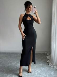 Selianne 优雅迷人的束腰蕾丝镂空提花长款修身连衣裙，夏季女士 - 黑色 - 查看 6