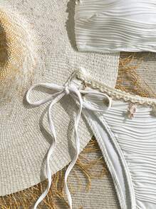 Swim Vcay 2 件套女士海滩夏季服装：纹理纯色贝壳系带无肩带比基尼套装