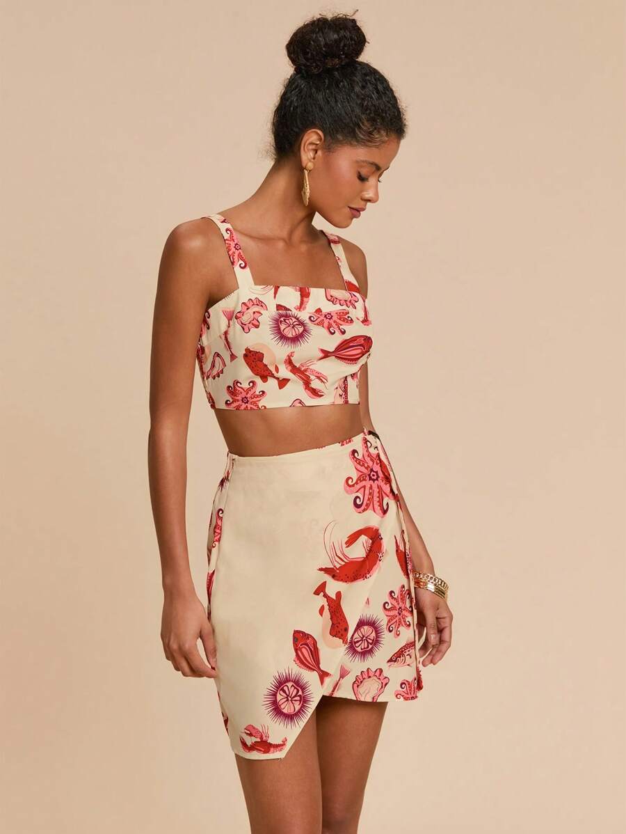 Travachic 2件套女士海洋生物印花无袖短款上衣和不对称半身裙