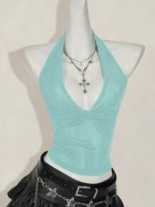 SHEIN ICON Damski jednokolorowy, swobodny, głęboki dekolt w serek, skręcony top typu halter - Miętowy niebieski - Zobacz 5