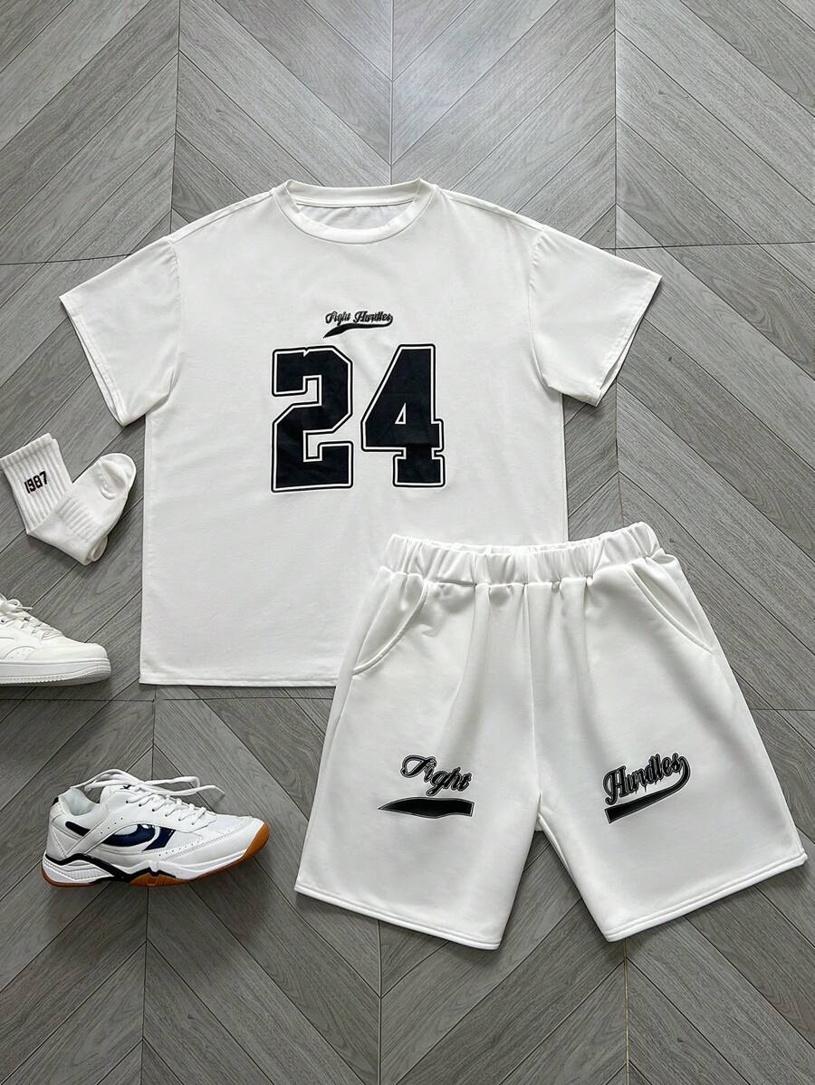 SHEIN 2 Pieces Teens/Youth White Casual Streetwear Set:Numeric Print Round Neck Short Sleeve T-Shirt And Shorts,Summer Graduation Back-To-School Sports Set - White - View 1