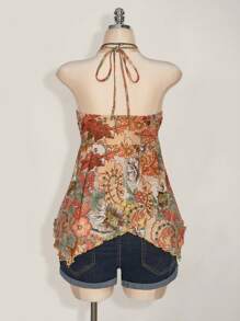 SHEIN ICON 大码女式春夏外出度假休闲复古印花露背吊带衫 Y2K V 领西部女式波西米亚风海滩女式嬉皮娃娃上衣