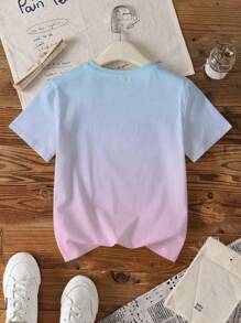THE POWERPUFF GIRLS X SHEIN Tween Girls' Casual Cartoon & Letter Print Ombre Short Sleeve T-Shirt, Summer
