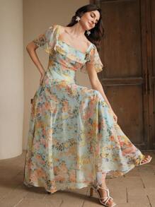 Anewsta 花卉优雅复活节假期早午餐服装女式印花飘逸花卉连衣裙，优雅休闲茶歇裙 - 藍色 - 查看 6