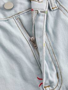 ROMWE Kawaii 女式大码草莓蝴蝶结花朵牛仔裤 - 淺色水洗藍 - 查看 2