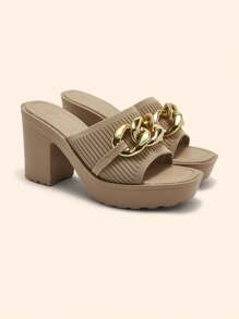 CUCCOO BASICS Women's Round Toe Thick Sole Metal Chain Apricot Knitted Material Comfortable Slip-On Sandals, Peep-Toe High Heel Mule Sandals