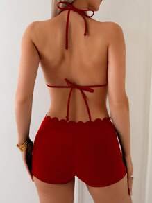 Swim Vcay 1 套女士黑色纯色尼龙面料吊带设计简约度假风格泳衣 - 紅色 - 查看 2