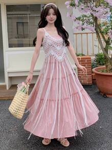 DAZY 2 件女士夏季度假休闲吊带背心和流苏短裤套装 - 粉色 - 查看 5