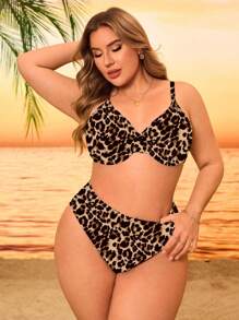 SHEIN Swim Curve Plus Size Women 2pcs/Set Black & White Leopard Print Random Pattern Underwire Bikini Set Set For Summer Beach Vacation - Multicolor - View 5