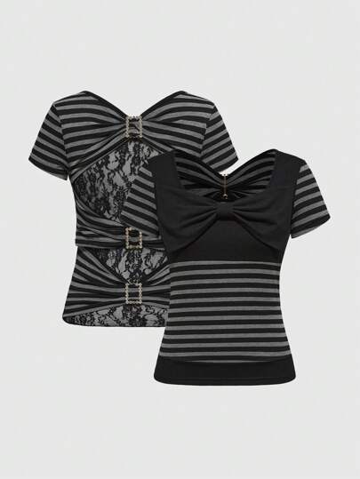 Grunge Punk Blusa de manga corta con rayas y lazo en la espalda, estilo Y2K, para verano