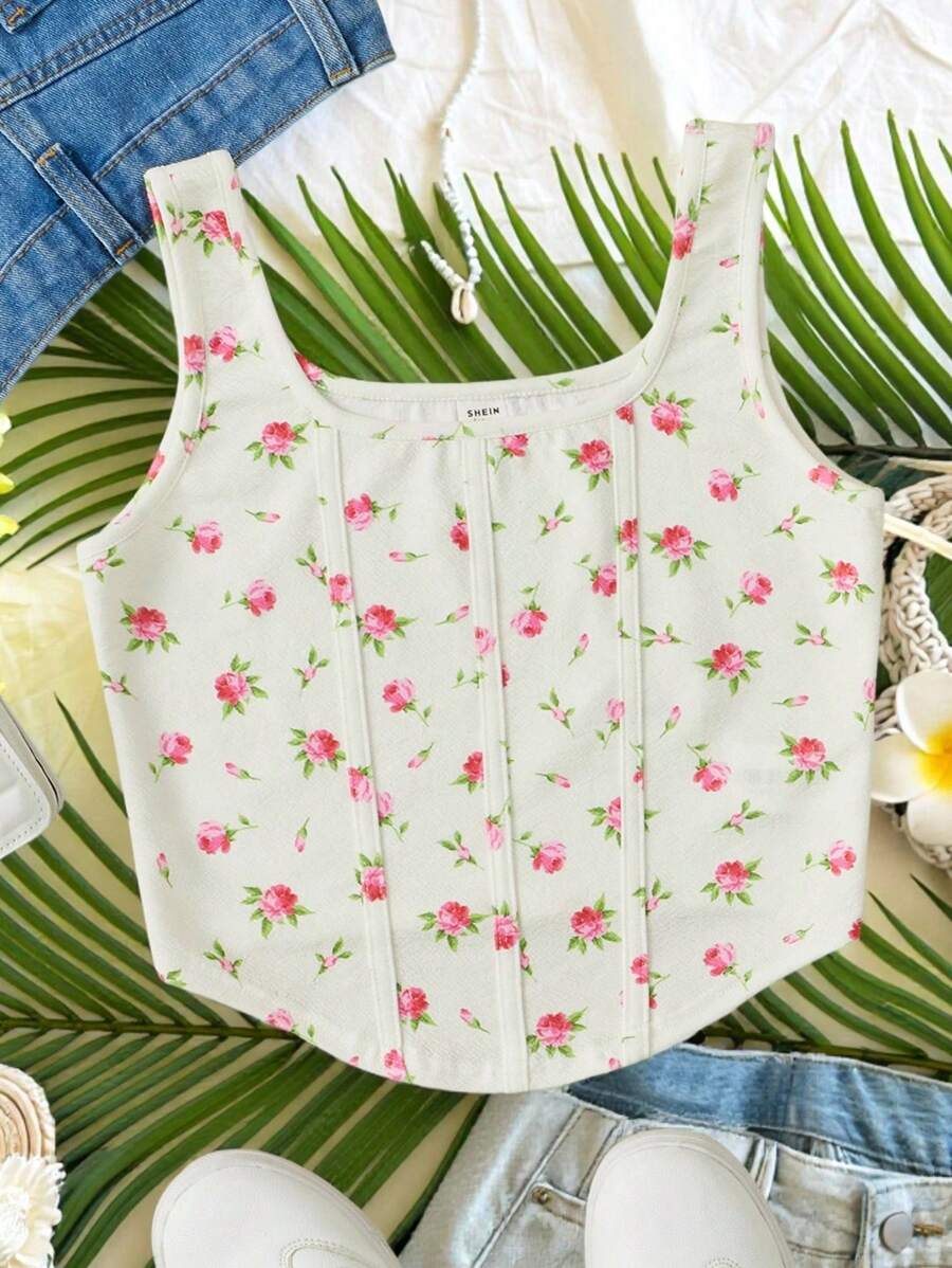 SHEIN Teen Girls Ditsy Floral Print Curved Hem Tank Top - Multicolor - View 1