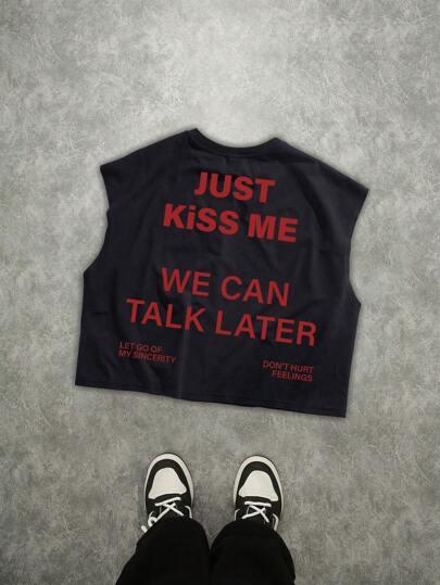 Manfinity EMRG Street Style Red Slogan Print Loose Boxy Cropped Tank Top