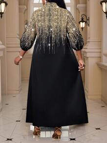 Fleurora Plus Size Elegant Metallic Print Long Dress,Summer Outfits For Women,Sun Dresses For Women - Black - View 2