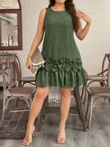 SHEIN LUNE Plus Size Sleeveless 3D Floral Ruffled Hem Straight Dress - Olive Green - View 3