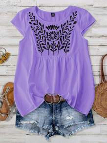 Linhara Plus Size Women Embroidered Floral Front Cap Sleeve Casual Loose Blouse, Suitable For Vacation - Purple - View 1