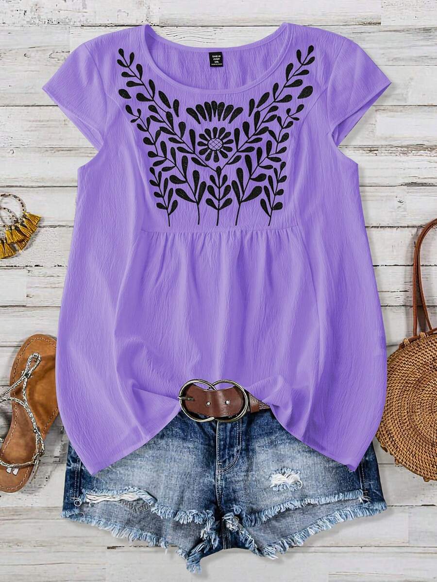 Linhara Plus Size Women Embroidered Floral Front Cap Sleeve Casual Loose Blouse, Suitable For Vacation - Purple - View 1