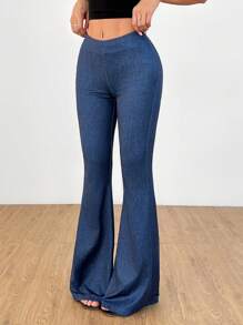 SHEIN PETITE Pantaloni a zampa slim fit con effetto denim, sexy, modellanti il lato B, con vita posteriore raccolta