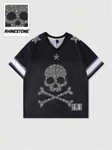 ROMWE MEN Prep Men's Gothic Skull Diamond Pattern Mesh Patchwork Sports Short Sleeve T-Shirt Sportswear, Halloween - Black - View 1