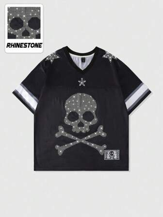 Street Life Camiseta deportiva de manga corta para hombre con parches de malla con estampado de diamantes brillantes