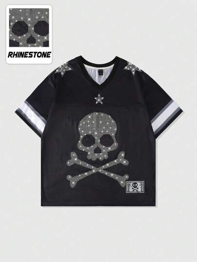 Street Life Camiseta de manga corta deportiva con estampado de calavera gótica y diamantes, malla y parches para hombre, para Halloween