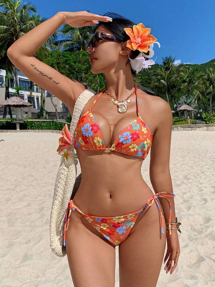 2pcs Women Summer Beach Floral Print Bikini Top And Side Tie Bikini Bottom,Tankini Bathing Suit Festival Outfits Vacation Cruise Outfit For Women