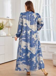 Al Najma 加大码烫印长袖阿拉伯风格连衣裙，休闲朴素的 Jalabiya 长裙，适合晚会/婚礼嘉宾/周年纪念