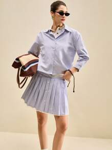 Muvela 2 件女式夏季条纹长袖衬衫和百褶迷你裙套装，优雅女士装 - 藍白色 - 查看 1