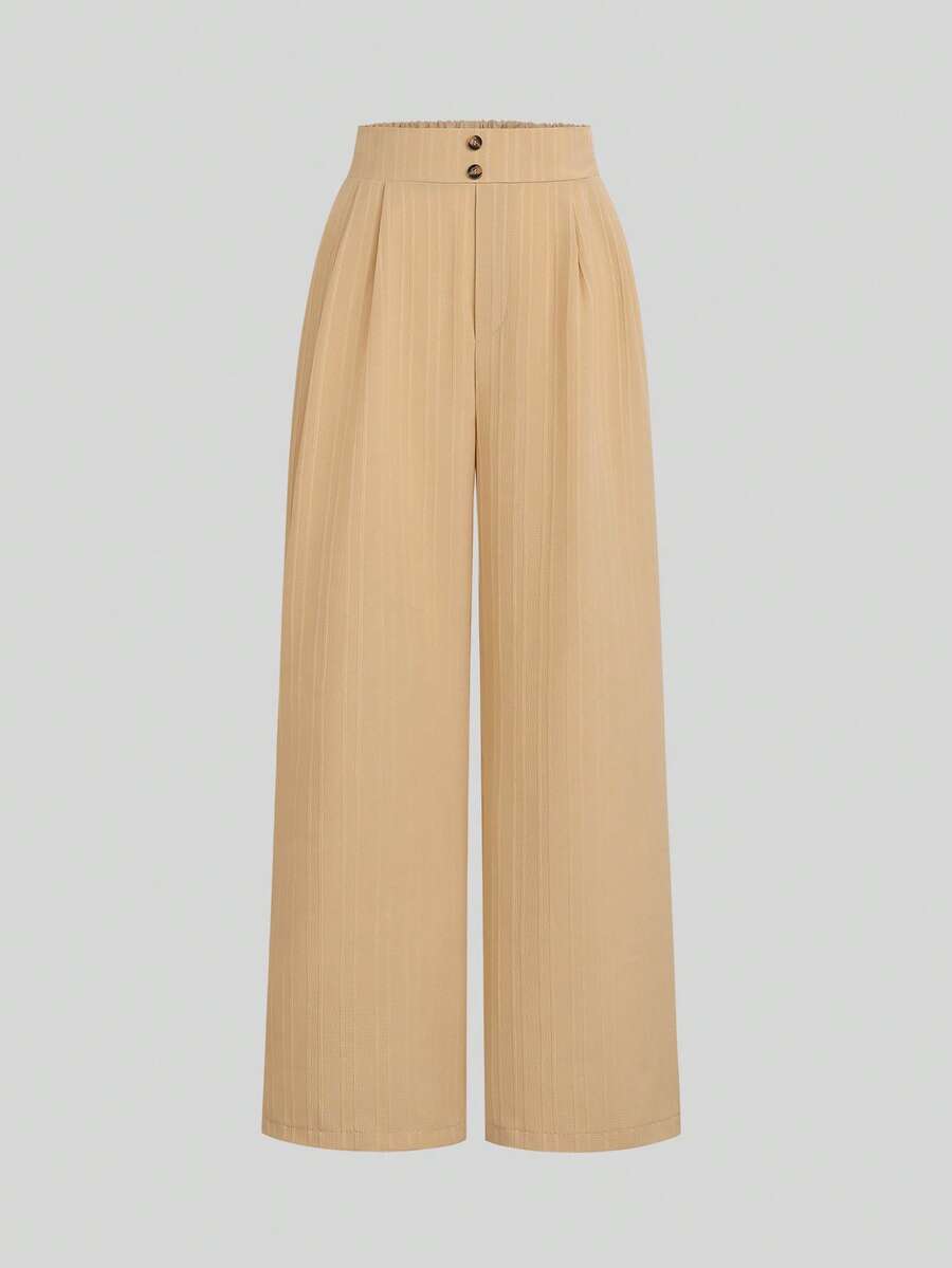 Tween Girls Textured Vertical Striped Black Wide-Leg Pants Fall Winter - Khaki - View 1