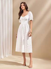 Almamuse Women's Elegant Embroidered Puff Sleeve Dress