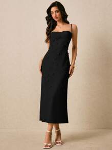 Poéselle Women's Elegant Solid Color 3D Floral Decor Strap Dress - Black - View 3