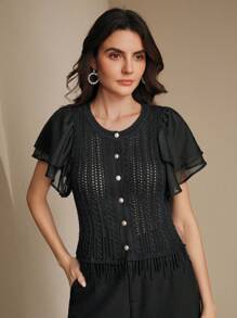 Anewsta Damen Rundhals Flügelärmel Rüschen Saum Lässig Strick Top, Sommer - Schwarz - Übersicht 3