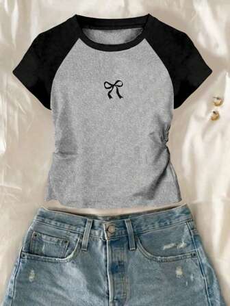 夏季百搭短袖修身腰部褶饰蝴蝶结T恤