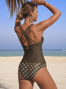 Swim Lushoire Top de bikini style camisole pour femmes avec imprimé floral couleur café, soutien et affinant, nouveau maillot de bain pour la plage et le surf - Tabac - Voir 1
